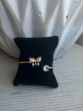 Adjustable Gold Butterfly and Cubic Zirconia Open Bangle Bracelet